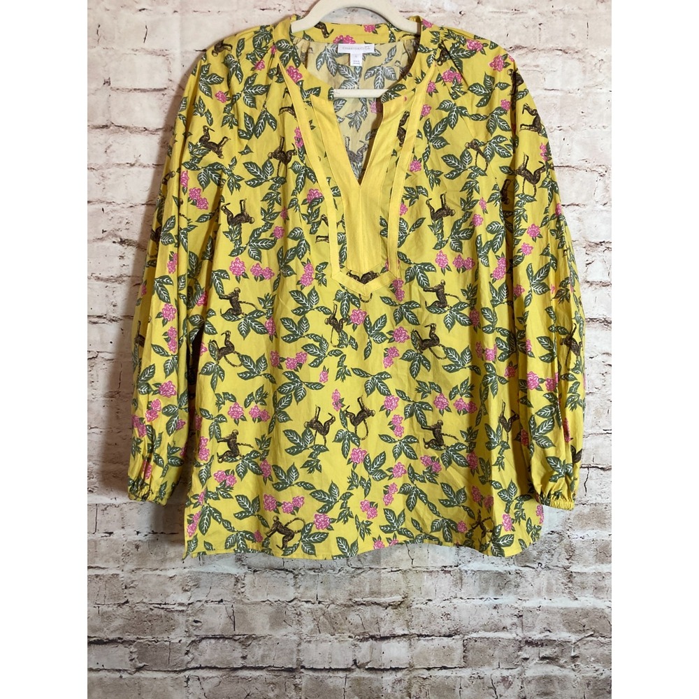 Charter Club Tunic Top Womens Large Yellow Climbing Monkey Print Novelty Artsy